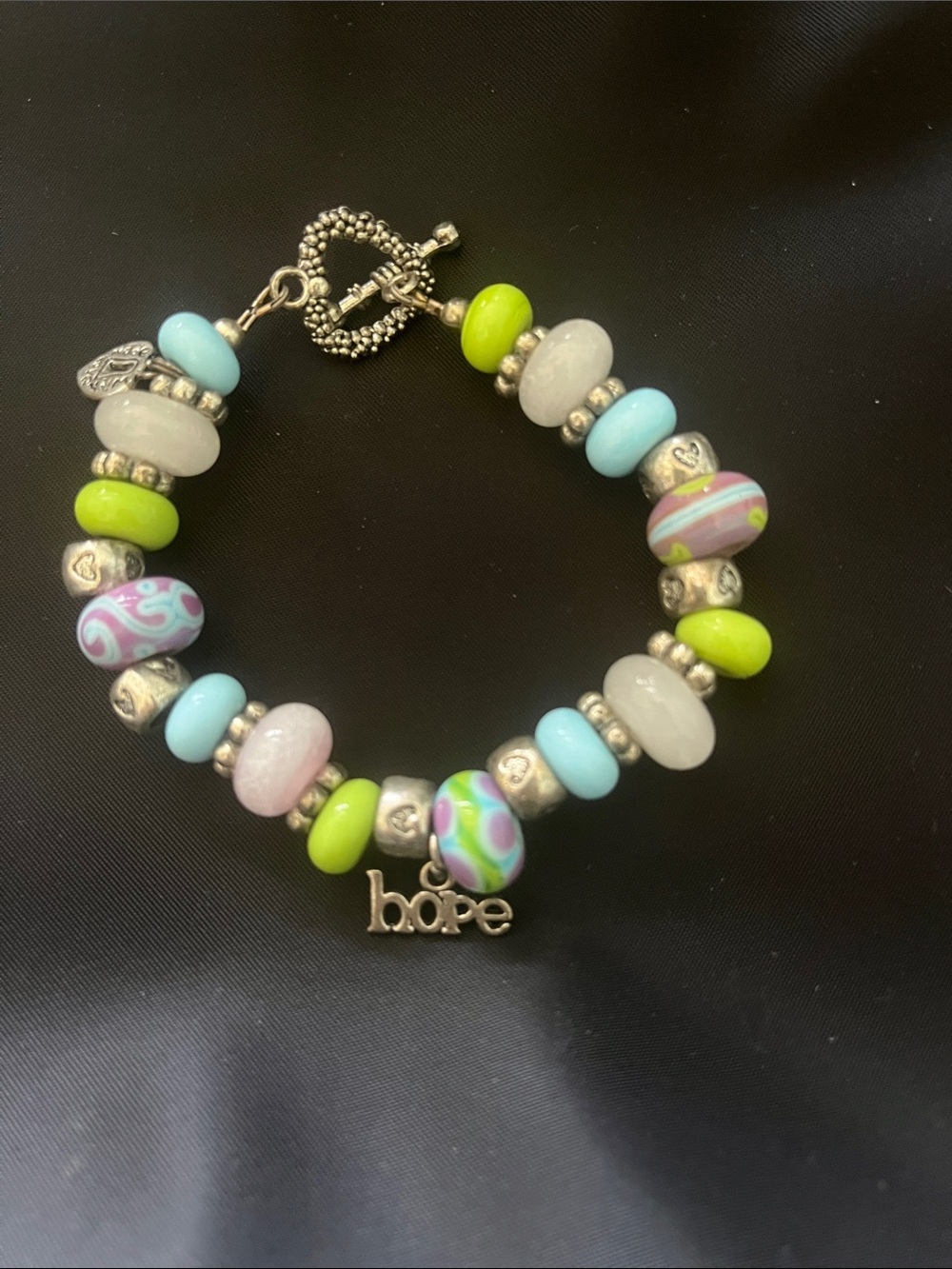 Hope Beaded Charm Bracelet in Pastel Blue, Lime & White